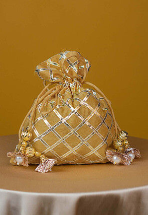 Embroidered Art Silk Potli Bag in Beige