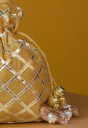 Embroidered Art Silk Potli Bag in Beige