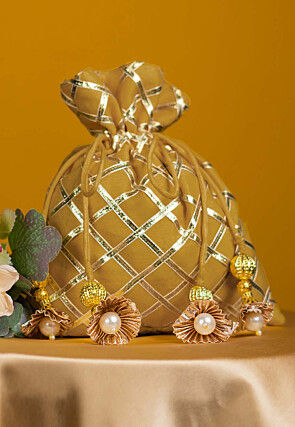 Embroidered Art Silk Potli Bag in Beige