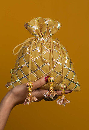 Embroidered Art Silk Potli Bag in Beige