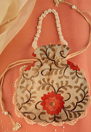 Embroidered Art Silk Potli Bag in Beige