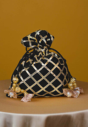 Embroidered Art Silk Potli Bag in Black
