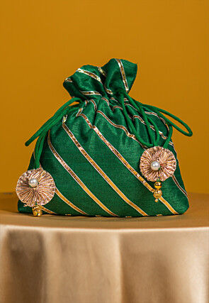 Embroidered Art Silk Potli Bag in Dark Green