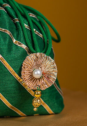 Embroidered Art Silk Potli Bag in Dark Green