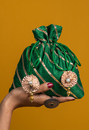 Embroidered Art Silk Potli Bag in Dark Green