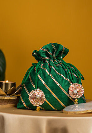 Embroidered Art Silk Potli Bag in Dark Green