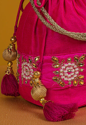 Embroidered Art Silk Potli Bag in Fuchsia
