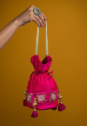 Embroidered Art Silk Potli Bag in Fuchsia