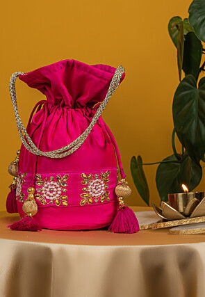 Embroidered Art Silk Potli Bag in Fuchsia