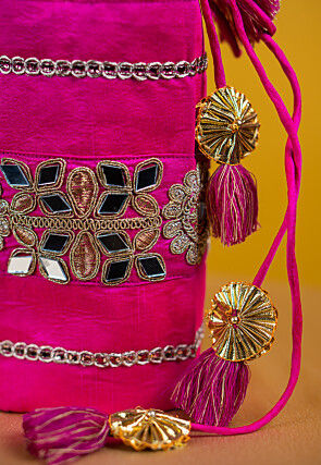 Embroidered Art Silk Potli Bag in Fuchsia