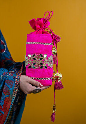 Embroidered Art Silk Potli Bag in Fuchsia