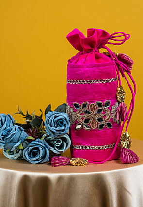 Embroidered Art Silk Potli Bag in Fuchsia