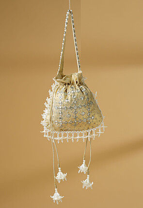 Embroidered Art Silk Potli Bag in Golden