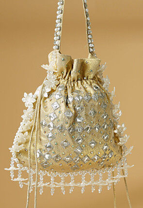 Embroidered Art Silk Potli Bag in Golden