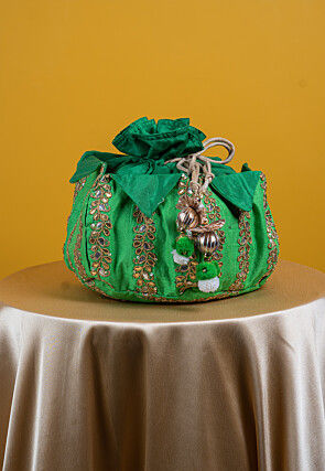 Embroidered Art Silk Potli Bag in Green