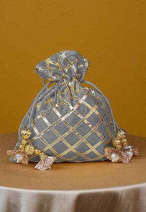 Embroidered Art Silk Potli Bag in Grey