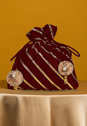 Embroidered Art Silk Potli Bag in Maroon