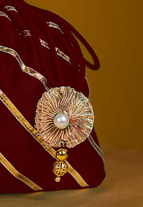 Embroidered Art Silk Potli Bag in Maroon