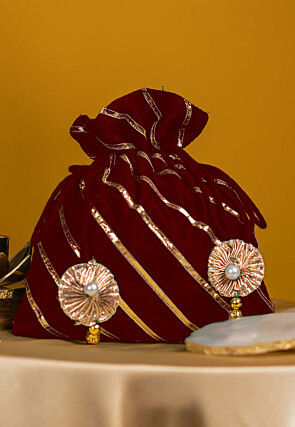 Embroidered Art Silk Potli Bag in Maroon