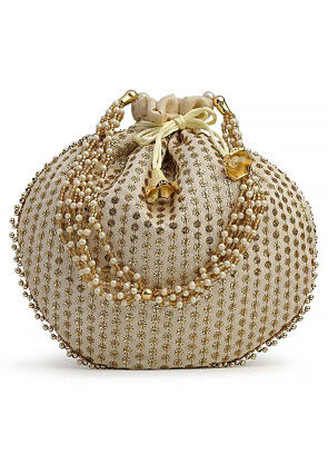 Embroidered Art Silk Potli Bag in Off White