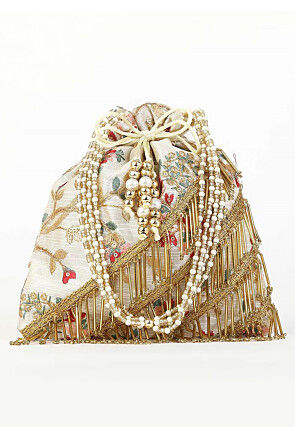 Embroidered Art Silk Potli Bag in Off White