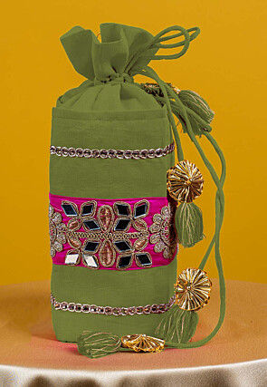 Embroidered Art Silk Potli Bag in Olive Green