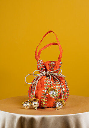 Embroidered Art Silk Potli Bag in Orange