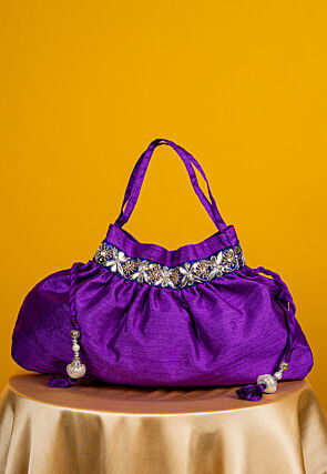 Embroidered Art Silk Potli Bag in Purple
