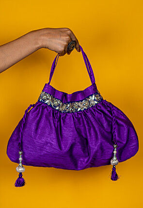 Embroidered Art Silk Potli Bag in Purple