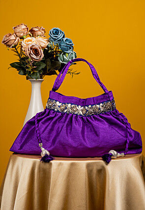 Embroidered Art Silk Potli Bag in Purple