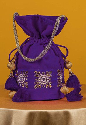 Embroidered Art Silk Potli Bag in Purple
