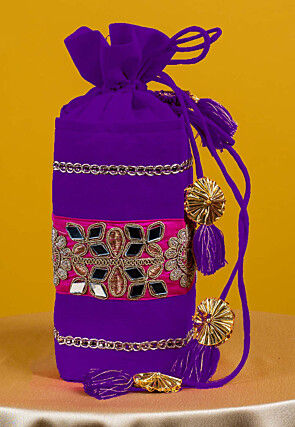 Embroidered Art Silk Potli Bag in Purple