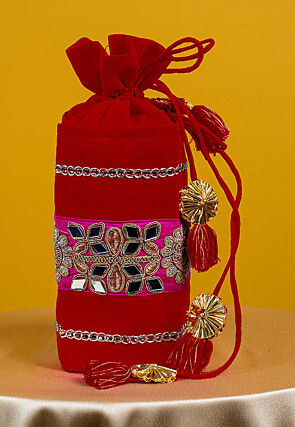 Embroidered Art Silk Potli Bag in Red