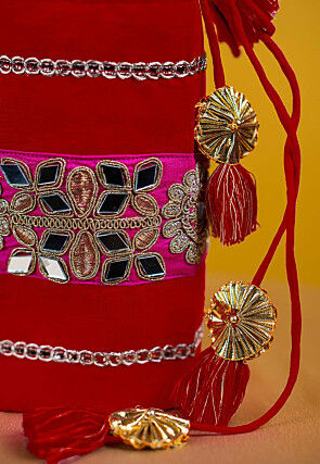 Embroidered Art Silk Potli Bag in Red