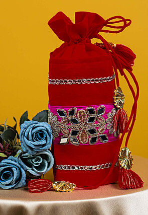 Embroidered Art Silk Potli Bag in Red