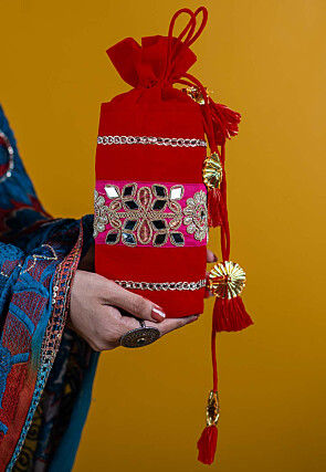 Embroidered Art Silk Potli Bag in Red