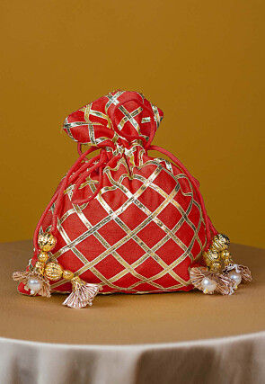 Embroidered Art Silk Potli Bag in Red