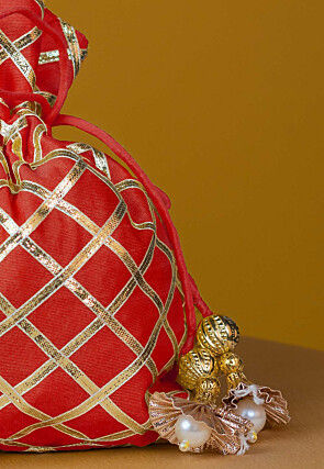 Embroidered Art Silk Potli Bag in Red