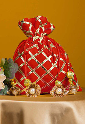 Embroidered Art Silk Potli Bag in Red