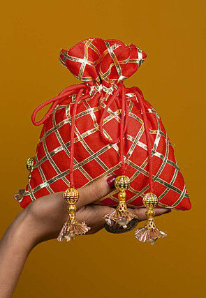 Embroidered Art Silk Potli Bag in Red
