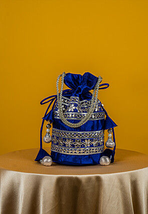 Embroidered Art Silk Potli Bag in Royal Blue