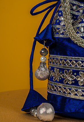 Embroidered Art Silk Potli Bag in Royal Blue