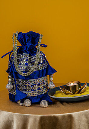 Embroidered Art Silk Potli Bag in Royal Blue