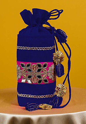 Embroidered Art Silk Potli Bag in Royal Blue