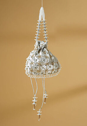 Embroidered Art Silk Potli Bag in Silver