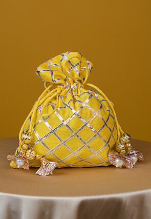 Embroidered Art Silk Potli Bag in Yellow