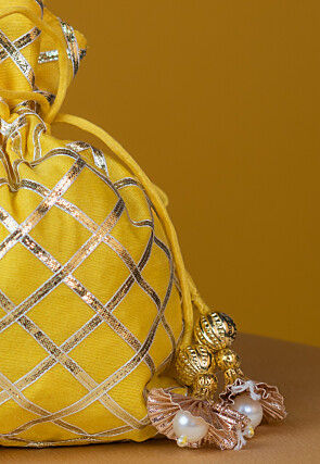 Embroidered Art Silk Potli Bag in Yellow