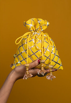 Embroidered Art Silk Potli Bag in Yellow