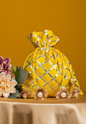 Embroidered Art Silk Potli Bag in Yellow