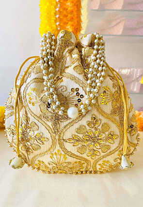 Embroidered Art Silk Potli in Beige